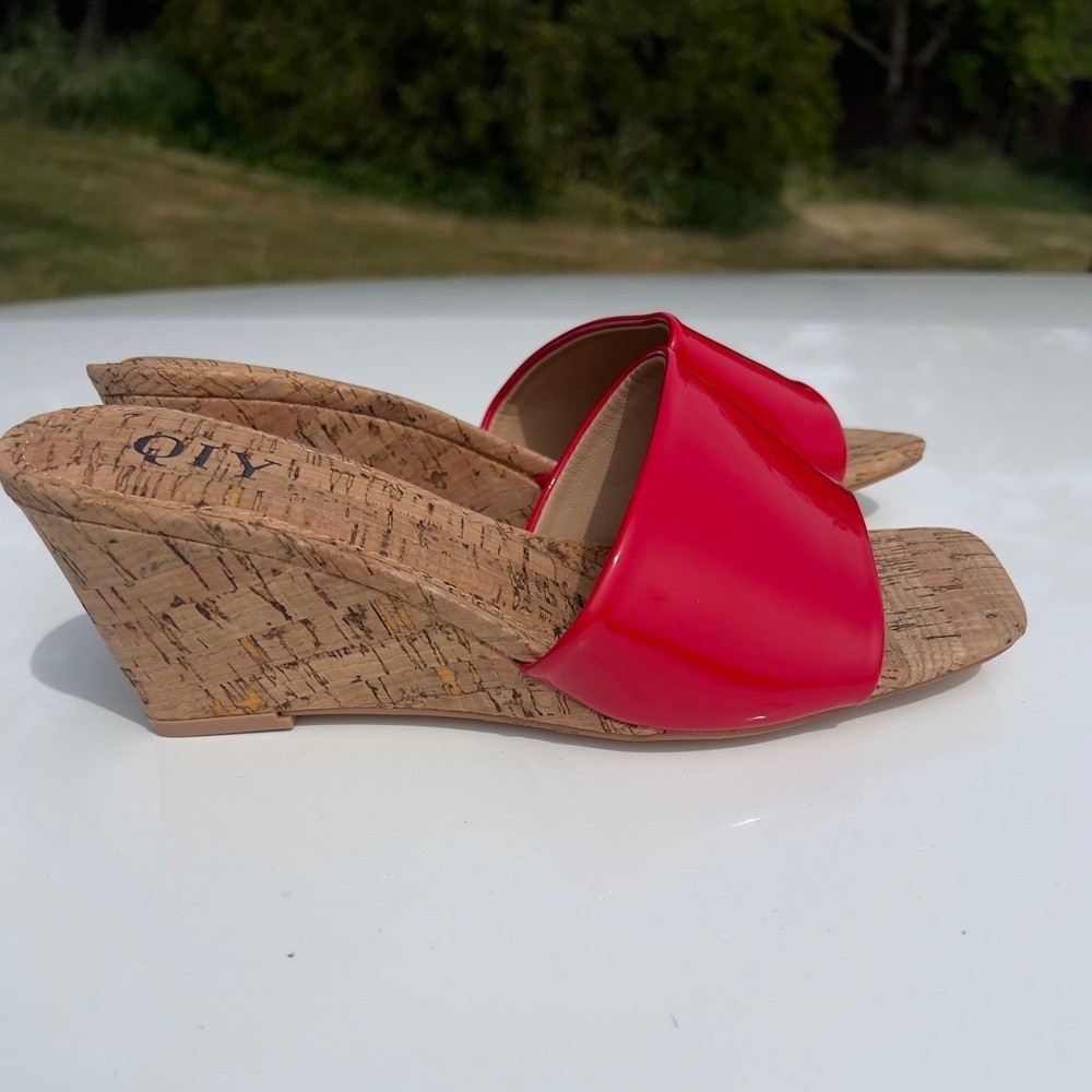 Glossy Red Patent Cork Wedge Slide - Women - Picture 2 of 8